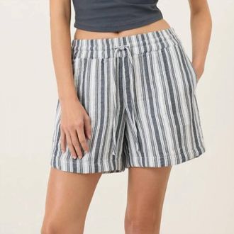 Pact Cotton Gauze Curved Hem Shorts In Coastal Stripe Navy Blue