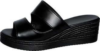 Generic Womens Wedge Platform Heels Sandals Open Toe Lightweight Casual Slip On Summer Roman Beach Slides Shoes (Black,7.5)