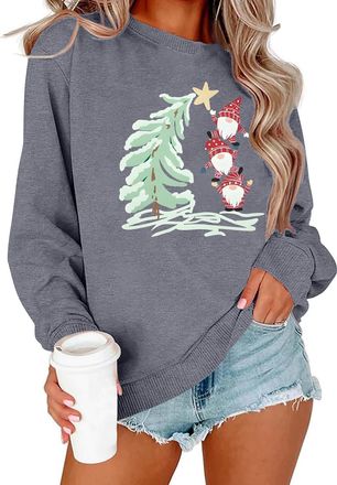 Generic Womens Christmas Sweatshirt UK Long Sleeve Crew Neck Loose Fit Jumper Fall Winter Fashion Xmas Tree Gnome Print Pullover Tops 2025 Casual Going Out Fl