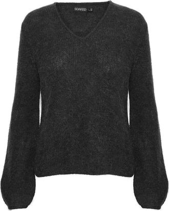 Soaked In Luxury Zwarte V-hals trui met Pofmouwen - Dames - V-hals truien - Zwart - L - Wol - Truien & Vesten