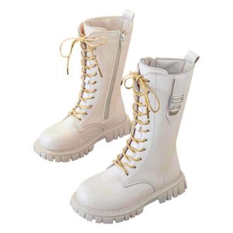 Generic Girls Lace-Up Mid Calf Combat Boots with Side-On Zipper Round Toe Water Proof Comfortable Warm Shoes Chunky Heel Non-Slip Casual Punk Goth Riding Walk