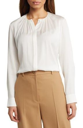 BOSS Banorah Pleat Neck Stretch Silk Blouse in Open Wht at Nordstrom Rack, Size 10