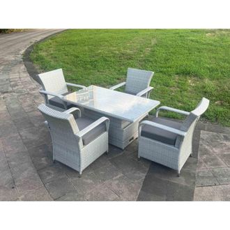 Fimous Light Grey Rattan Outdoor Garden furniture Set Height Adjustable Rising Lifting Table and 4 Chairs Set with Seat Cushion - Fimous