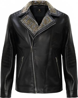 Barocco Mens Studded Collar Trim Moto Jacket In Black