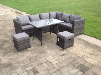 Fimous Dark Mixed Grey Rattan Garden Outdoor Corner Sofa Set Rectangular Dining Table Small Footstools 8 Seater in Dark Grey