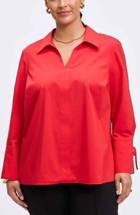 Foxcroft Carla Tie Cuff Cotton Blend Popover Top in Simply Red at Nordstrom Rack, Size 2X