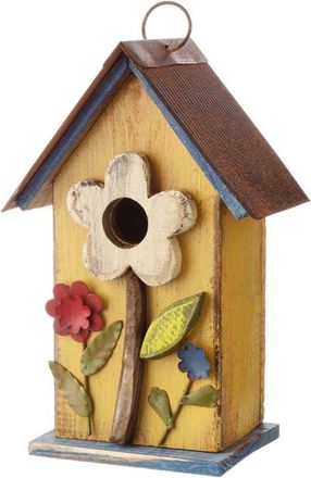 Glitzhome 10H Multicolor Cute Distressed Solid Wood Birdhouse with 3D Flowers in Yellow at Nordstrom, Size Medium