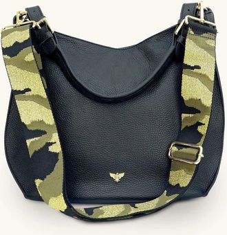 Apatchy London The Harriet Black Leather Bag With Green & Gold Camo Strap