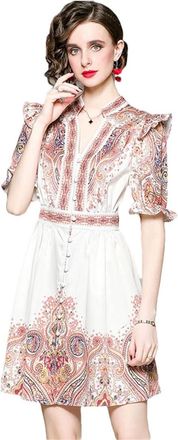 Generic Vintage Print Long Sleeve Empire Waist Women Ladies Party Party A-Line Midi Dress 8646 M