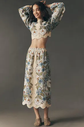 Farm Rio Garden Scalloped Linen Midi Skirt