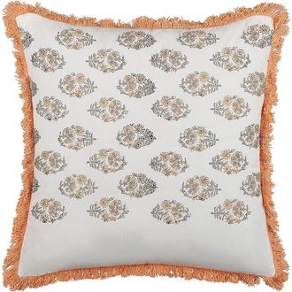 Beliani Coj&iacute;n De Algod&oacute;n Blanco Naranja Gris 45 X 45 Cm A Mano Floral Borlas Sativus