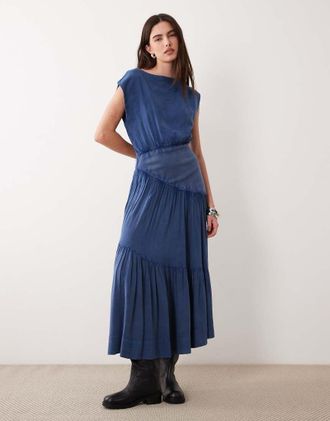 Asos Vestito lungo ibrido senza maniche blu denim con scollo a barchetta-Multicolore