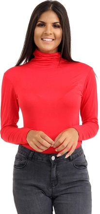 Janisramone Womens Ladies Long Sleeve Turtle Polo Neck T-Shirt Slim Fit Jersey Casual Basic Plain Tee Vest Top Red