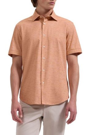 Bugatchi Miles OoohCotton Space Dye Short Sleeve Button-Up Shirt in Mango at Nordstrom, Size Xxx-Large