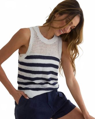 Bella Dahl Sleeveless Crew Neck Top In White And Navy Stripe