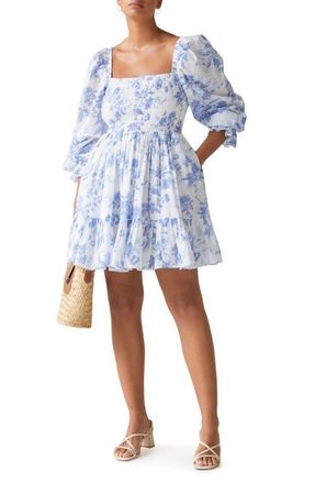 & Other Stories Smocked Tiered Long Sleeve Cotton Dress in White W. Blue Toile Aop at Nordstrom, Size 6
