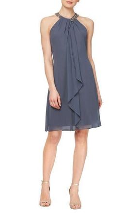 S.L. Fashions Bead Braided Halter Chiffon Dress in Steel at Nordstrom Rack, Size 14 P
