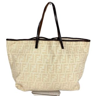 Fendi Beige Brown Yellow Canvas Leather Shoulder Bag Tote Bag (Pre-Owned)
