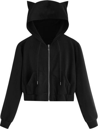 Generic Womens Casual Anime Hoodies Long Sleeve Cat Ears with Hood Tops Aesthetic Funny Zip Up Kitten Print Zipper Solid Color Crop Hooded Drawstring Pullover