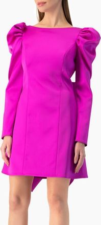 Ivonne Puff-Sleeve Open-Back Bow Mini Dress in Satin in Magenta at Nordstrom, Size 10