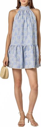 English Factory Embroidered Sleeveless Ruffle Hem Halter Dress In Blue Stripe