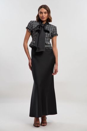 Karen Millen Womens Boucle Tailored Tie Neck Satin Mix Midi Dress - Black - Size 14 UK