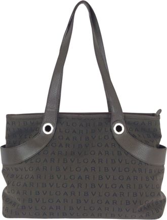 Bulgari Dark Brown Canvas Leather Shoulder Bag Tote Bag (Pre-Owned)