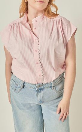 English Factory Ric Rac Scalloped Short Sleeve Cotton Blouse in Pink at Nordstrom, Size 1X