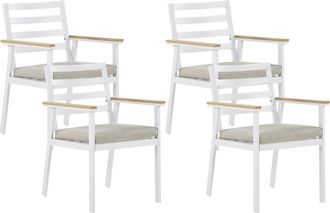 Beliani Conjunto De 4 Sillas De Jard&iacute;n De Metal Aluminio Blanco Beige Recubrimiento En Polvo Cojines De Asiento Cremallera Exterior Cavoli