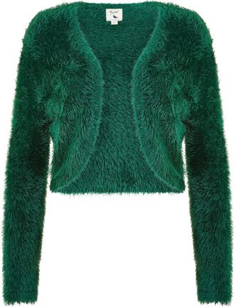 Yumi Eyelash Knit Green Cropped Bolero Cardigans for Women - Soft Long Sleeve Womens Cardigans - Curved Open Front Shrug for Weddings & Special Occasions M