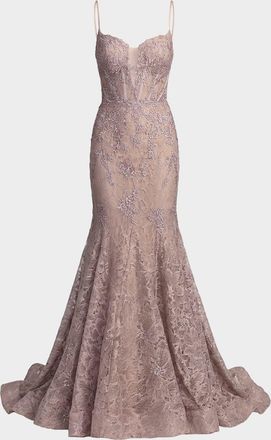 Mac Duggal Embroidered Lace Bustier Mermaid Gown