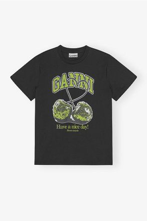 Ganni Mixed Black Basic Jersey Green Cherry Relaxed T-shirt - Size XXS Organic Cotton