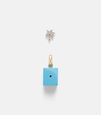 Yvonne L&eacute;on Palmier and Le Cubo 9kt gold earring and pendant set with turquoise and diamonds