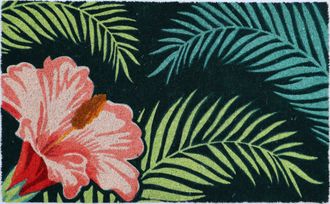 Imports Decor Tropical Floral Coir Door Mat, Hibiscus Palm Leaf Coconut Fiber Doormat with Non-Slip PVC Backing, Decorative Indoor Outdoor Entryway Rug