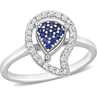 Delmar Sterling Silver White Topaz Halo Pav&eacute; Created Blue Sapphire Ring at Nordstrom Rack, Size 5
