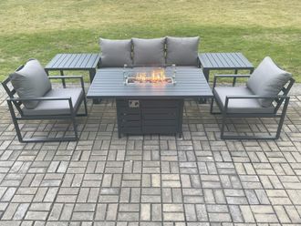Fimous Aluminium Outdoor Garden Furniture Set Gas Fire Pit Dining Table Set Gas Heater Burner with 2 Side Tables Dark Grey 5 Seater