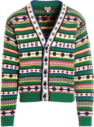 Kenzo Fairisle Jacquard Cardigan - Heren - Vesten - Groen - L - Katoen - Truien & Vesten