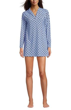 Lands End Cotton Jersey Long Sleeve Hooded Swim Cover-up Dress in Lake Blue Geo Floral at Nordstrom, Size X-Small P