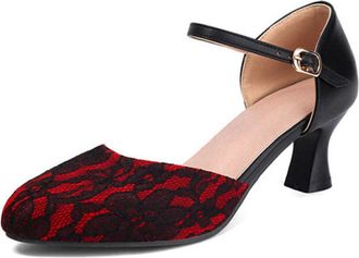 Generic Womens Lace Mary Jane Pointed Toe Ankle Strap Pumps Adjustable Buckle Chunky High Heel Smooth Trim Soft Insole Non-Slip Shoes,Red,10.5 UK