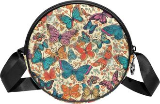 Generic Circle Crossbody Bag for Women, Butterfly Small Sling Bag Daypack with Zipper Adjustable Shoulder Straps Casual Ladies Girls Round Purse