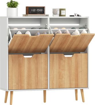OEM Zapatero Estrecho Con 4 Cajones Abatibles Y Estantes Ajustables Para 16 Pares 95x26x95 Cm Natural Y Blanco
