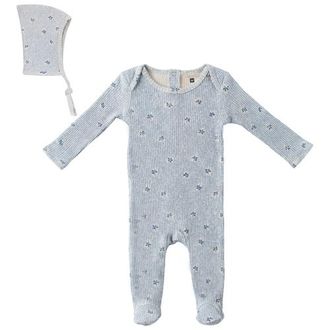Fragile Boy Floral Print Rib Romper with Bonnet in Blue at Nordstrom, Size 9M