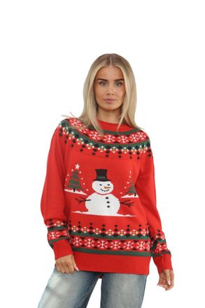 Femme Luxe Christmas Snowman Print Oversized Knitted Jumper, Available UK Sizes 8 to 16, Festive Design with Snowflakes, Multicolour (UK, Numeric, 12, Regular, R