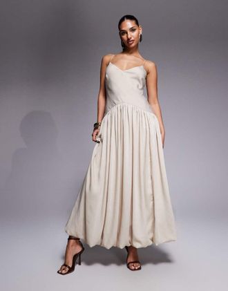 Asos Vestito a trapezio in raso color pietra con fondo a palloncino-Neutro