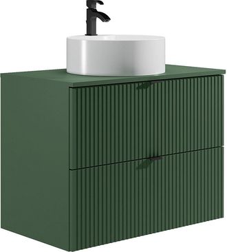 Vente-Unique Mueble de baño suspendido estriado con lavabo sobre encimera redondo - Verde mate - 80 cm - ZEVINI