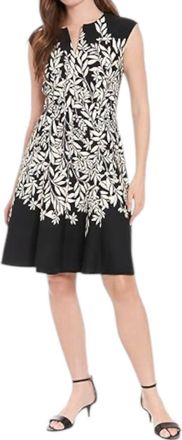 London Times Split Neck Fit And Flare Dress In Black/cream