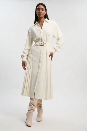 Karen Millen Womens Tailored Crepe Belted Pleated Midi Dress - White - Size 14 UK