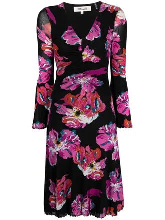 Diane Von F&uuml;rstenberg painted blossom-print midi dress - women - Nylon/Nylon - S - Black