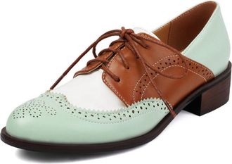 Generic Womens Two Tone Brogue Oxfords Lace-Up Round Toe Wingtip Perforated Low Chunky Heel Dress Shoes Comfortable Classic Vintage Inspired Style,Green,3.5 U
