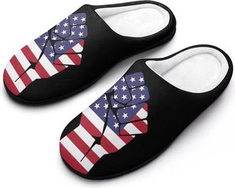Generic Power Fist with US Flag Mens House Slippers Memory Foam Washable Cotton Slip on Home Shoes